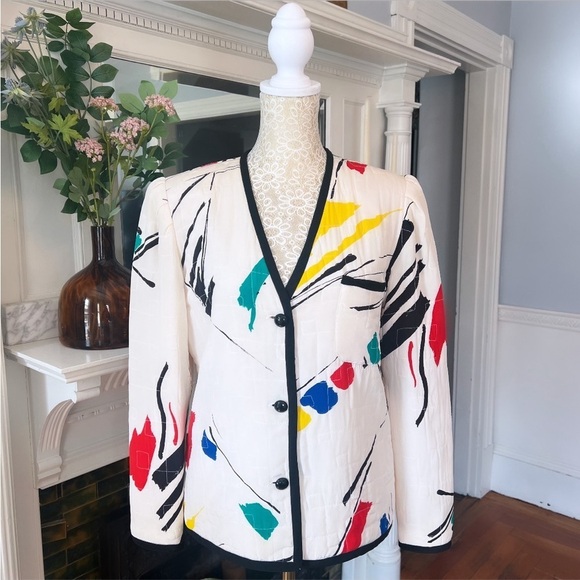 VINTAGE LEVINO VERNA 100% Silk White & Multi Color Abstract Print‎ Jacket Size 4 - Picture 2 of 16